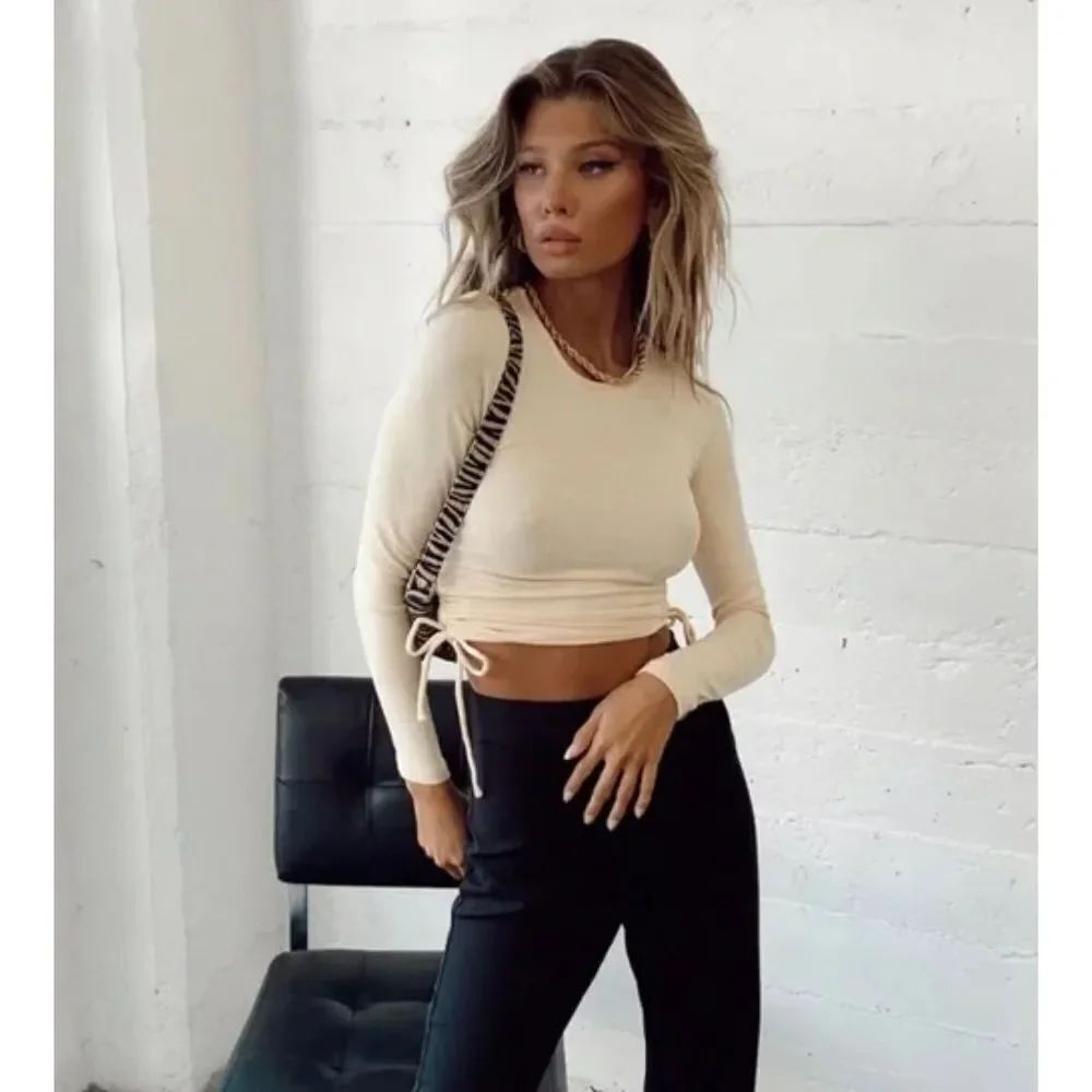 Princess Polly Tan Cinched Long Sleeve Crop Top Size 8